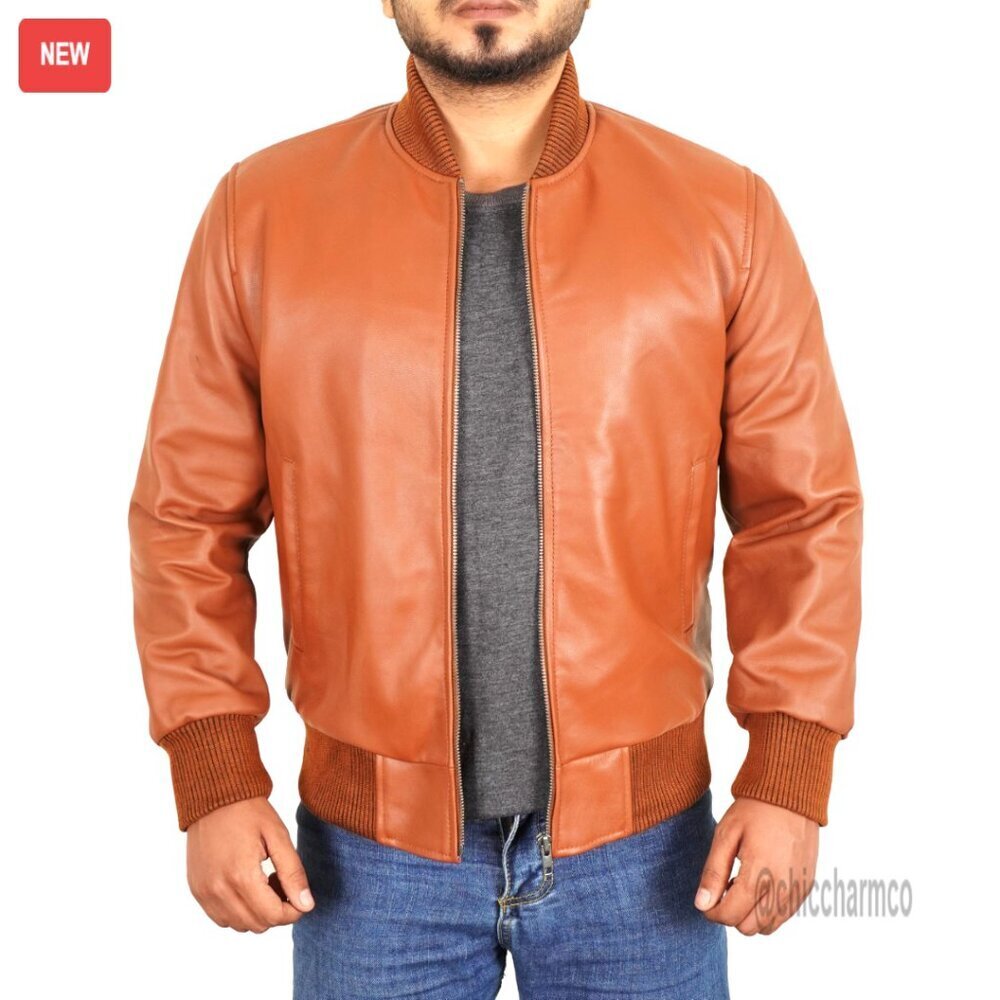 Real Lambskin Leather Bomber Jacket Ribbed Cuffs Classic Moto Style